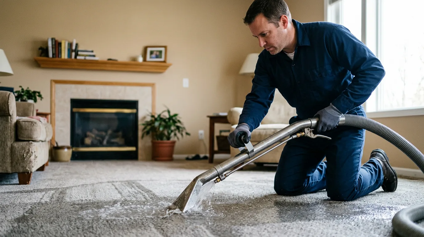 Water damage restoration technician working near Roanoke, IL